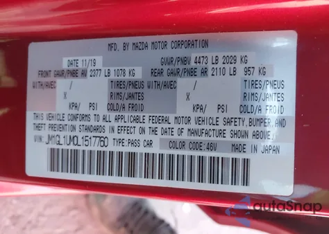 2020 Mazda Mazda6 Sport from USA, damaged, VIN JM1GL1UM0L1517760